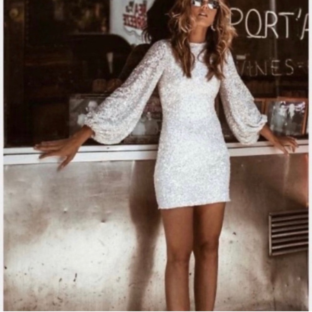 BHLDN Goldie Allover Ivory Sequin Mini Dress Sz 10 White Boho Wedding